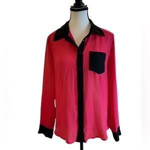 Guess Hot Pink Blouse with Black Trim Polyester Chiffon Size M sheer sexy